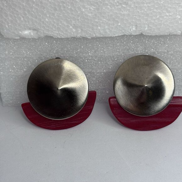 Vintage Red & Silver Geometric Half Circle Clip On Earrings 80’s Style - Picture 5 of 5